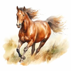 Obraz premium A watercolor painting of a chestnut horse running through a field of grass. The horse's mane and tail are flowing in the wind