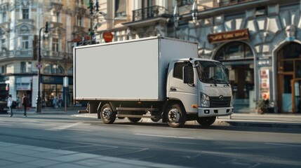 WHITE TRUCK WITH SPACE FOR ADVERTISING DRIVING ON THE STREET