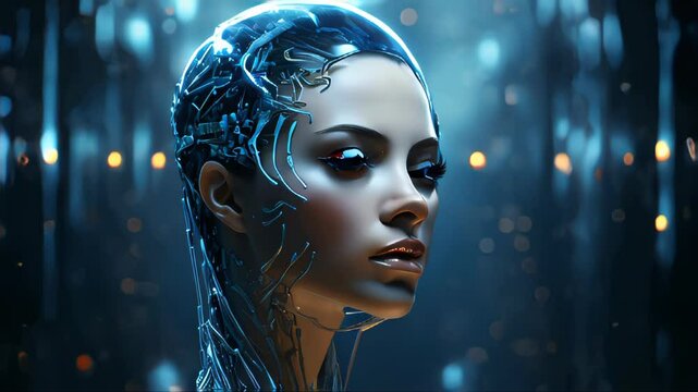 The face of a cyborg robot man, a mixture of human and computer artificial intelligence