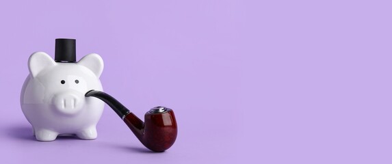 Piggy bank with top hat and smoking pipe on lilac background with space for text