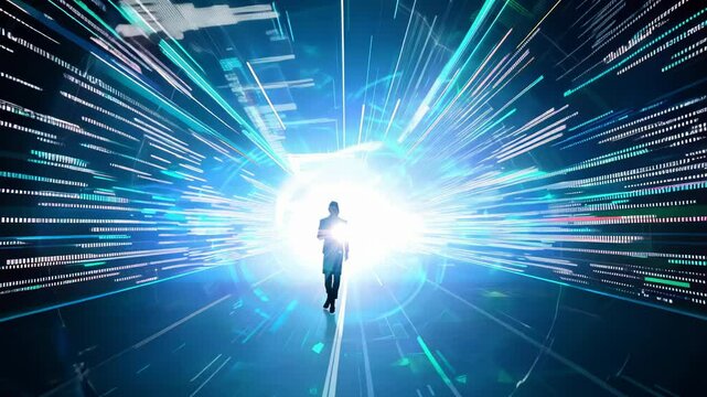 Silhouetted figure walks towards a brilliant light in a digital corridor. Streaming data and code flow past, creating a futuristic landscape of technological transcendence and digital evolution.	