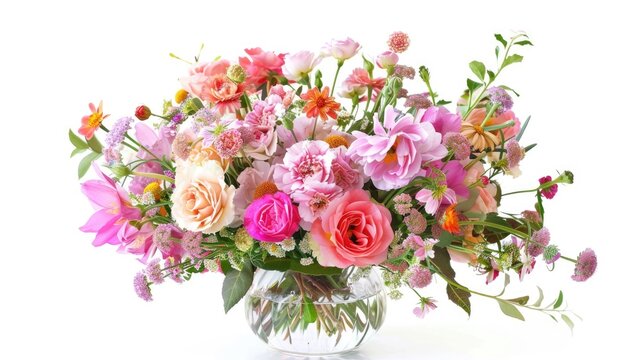 Arrangement of spring flowers in a clear vase Pink roses carnations and wildflowers with a warm tone Fresh vibrant flowers on a white backdrop