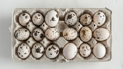 Top view of quail eggs in a carton, speckled shells, arranged neatly