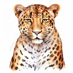 Obraz premium A close-up of a leopard's head, painted in watercolor against a white background. The leopard's eyes are wide open and its fur is detailed with dark spots