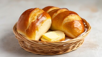A basket of bread with a slice of butter on top. The bread is cut in half and the butter is spread on one of the halves