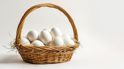 Wicker bamboo basket filled with fresh chicken eggs, white background, ample copy space for food and nutrition ads