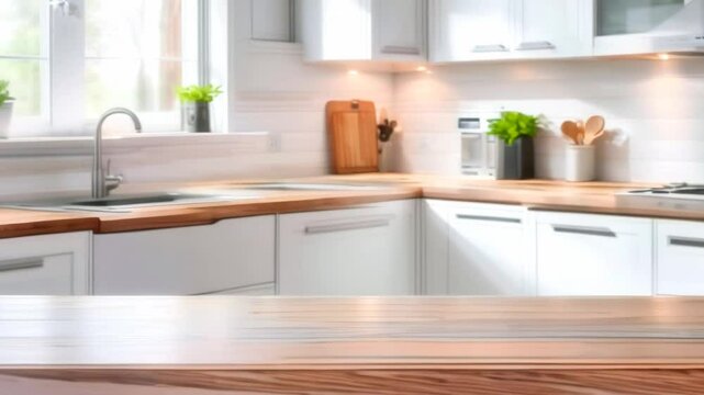 Empty wooden table top on a blurred white kitchen interior style Scandinavian background for product placement,design key visual layout or montage.