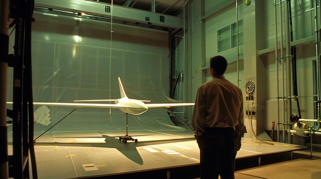 In a wind tunnel facility, an aerospace engineer analyzes the aerodynamic properties of a scaled-down aircraft model. - Powered by Adobe