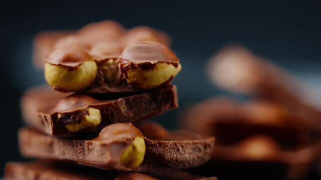 close-up on black-blue background on a black plate lies milk chocolate with hazelnuts broken into pieces