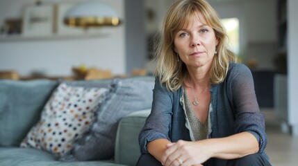 Obraz premium Western European MiddleAged Woman Relaxing at Home, Casual Comfort, Relaxing Environment, Perfect for Design Prints