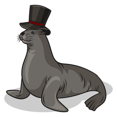 fur seal in top hat pinup pop art retro PNG illustration. Comic book style imitation.