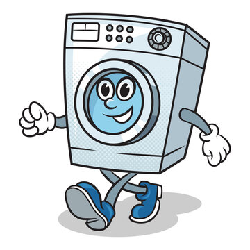 recommend clip art: walking cartoon washing machine pinup pop art retro PNG illustration. Comic book style imitation.
