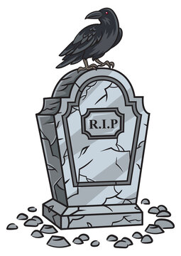 recommend clip art: Crow sits on ancient tombstone pinup pop art retro PNG illustration. Halloween illustration. Comic book style imitation.