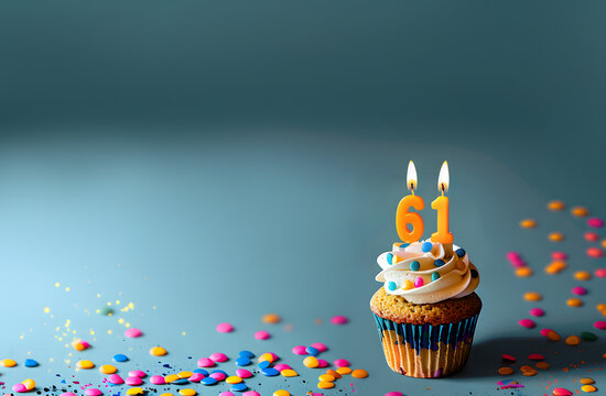 Birthday cupcake with number sixty-one candle