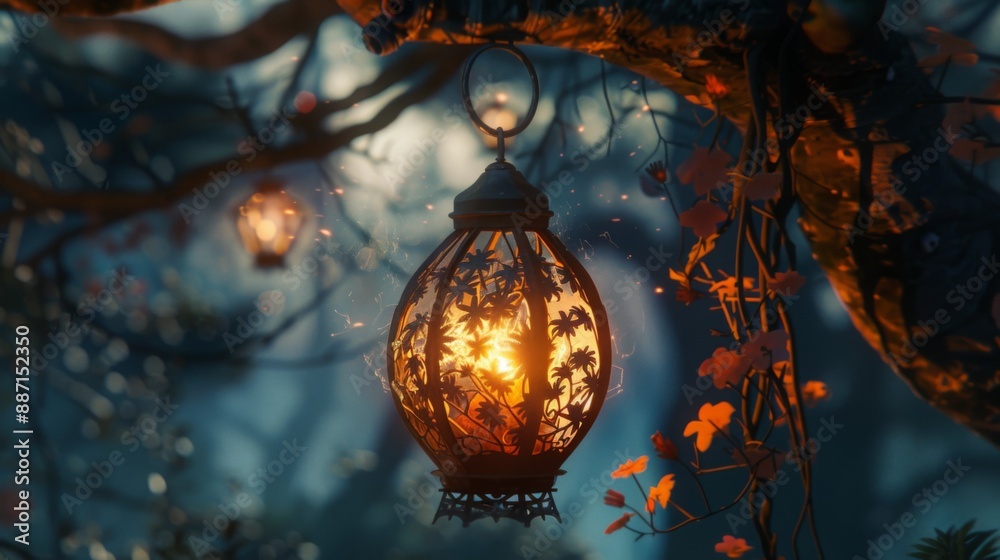 Fototapete A decorative lantern with intricate patterns hangs from a tree branch in a dimly lit forest. The lantern glows warmly, casting soft light on the surrounding foliage.