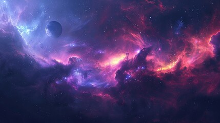 A cosmic landscape, vibrant nebulae, stars, planets in the distance