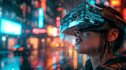 Naklejka premium A person wearing sleek 3D VR glasses, holographic screens floating 