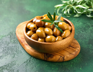 A wooden bowl with marinated green olives on a green concrete background.