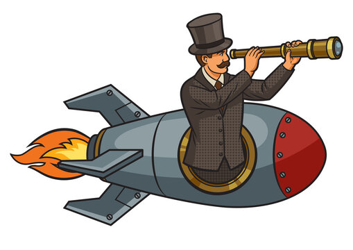 recommend clip art: Old fashioned gentleman flies in rocket and looks through telescope pinup pop art retro PNG illustration. Comic book style imitation.