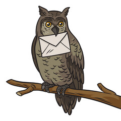 Fabulous owl with letter in its beak pinup pop art retro PNG illustration. Comic book style imitation.