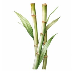 Fototapeta premium A watercolor painting of three sugarcane stalks with leaves against a white background