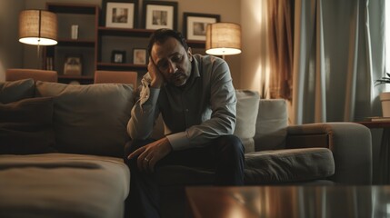 Fototapeta premium Middle Eastern Man in Mid Forties Experiencing Stress at Home, Realistic Indoor Setting with Soft Lighting