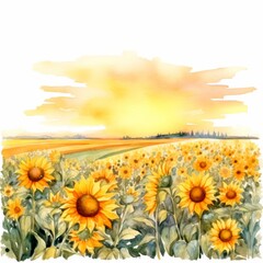 Fototapeta premium A watercolor painting of a field of sunflowers facing the setting sun