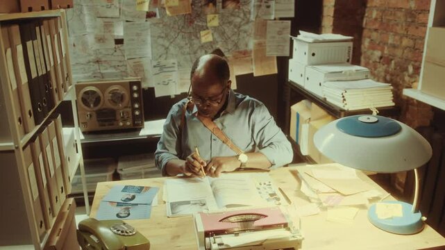 Senior African American detective reading investigation report and materials, studying mugshots and crime scene photos at desk in vintage office during the evening. Zoom shot
