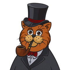 Cartoon cat in top hat and smoking pipe pinup pop art retro PNG illustration. Comic book style imitation.