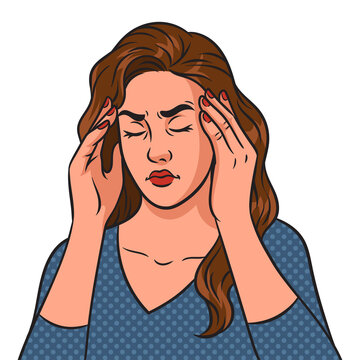 woman holding head, headache, pop art style clip art preview
