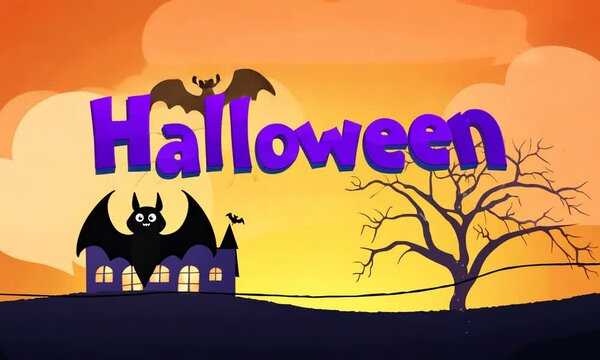 Happy Halloween animated text in a cartoon style background with bats, tree, house and spider.