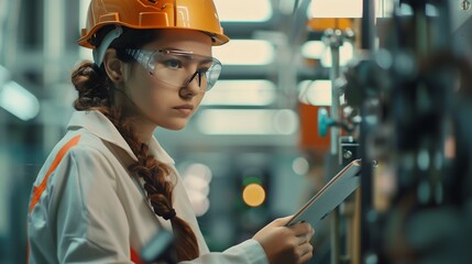 young woman technician engineer wearing a helmet and protective eyeglasses is checking a machine in a factory