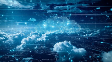 A digital representation of cloud computing over a cityscape