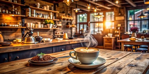 Cozy coffee shop atmosphere with wooden tables, vintage decorations, and rich aromas, featuring a rewards card and a steaming cup on a rustic wooden counter.
