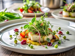 "Elegant culinary creation garnished with fresh herbs and microgreens, perfectly arranged on a white plate, set against a clean and modern kitchen background."
