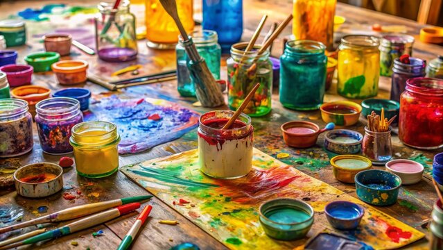 Vibrant colors splattered on a messy art table surrounded by paint-stained paper, brushes, and empty paint jars, capturing the joy of creative expression.