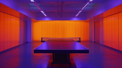 A ping pong table in a orange and purple lit room
