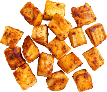 Crispy fried tofu cubes isolated on transparent background.