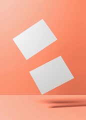 Two blank business cards floating on solid orange background, mockup template stock illustration