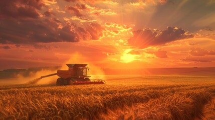 Fototapeta premium Combine harvester dumps harvested wheat into truck Farm scene farming harvest season at sunset