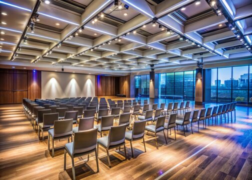 Elegant modern conference hall with sleek chairs, polished flooring, and vibrant stage lighting, ready for a presenter to captivate an audience in a professional setting.