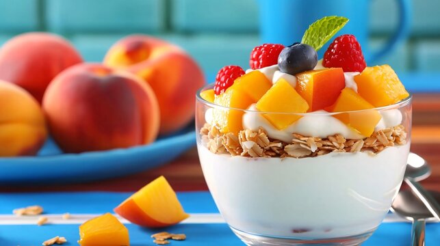 Delicious yogurt parfait with fresh peaches, granola, and berries for breakfast