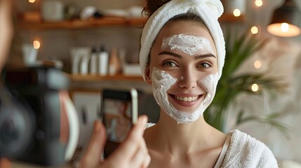 Blogging modern skin care and beauty Beautiful young woman records video tutorial at home applies beauty foam on her face shoots broadcast live video to social network Copy space