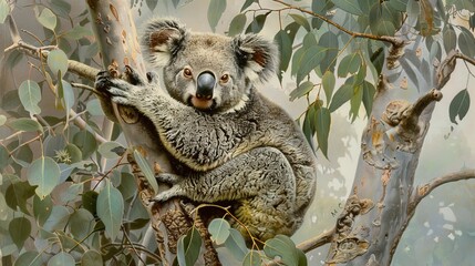 Fototapeta premium Koala climbing an eucalyptus tree