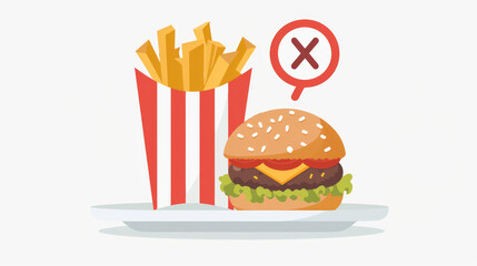  illustration of a burger and fries with an "X" mark indicating it is unhealthy. The food is presented on a white background, emphasizing dietary choices