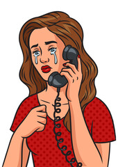 Crying girl with old phone pinup pop art retro PNG illustration. Comic book style imitation.