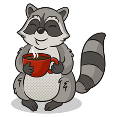 cartoon raccoon with cup of hot coffee in paws pinup pop art retro PNG illustration. Comic book style imitation.