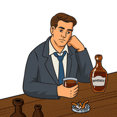 lonely sad man drinking whiskey in bar pinup pop art retro PNG illustration. Comic book style imitation.
