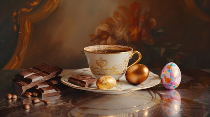 Fototapeta premium Coffee and chocolate with easter egg