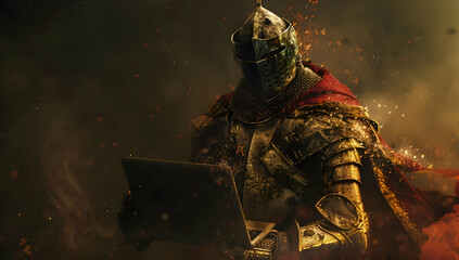A medieval knight in full armor using a modern laptop, blending ancient tradition with technology in a smoky, dramatic setting.